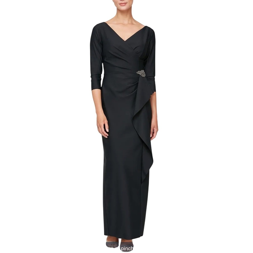 Alex Evenings NWT -748 Black Cascade Side Ruffle Gown Dress Rhinestone Brooch 10